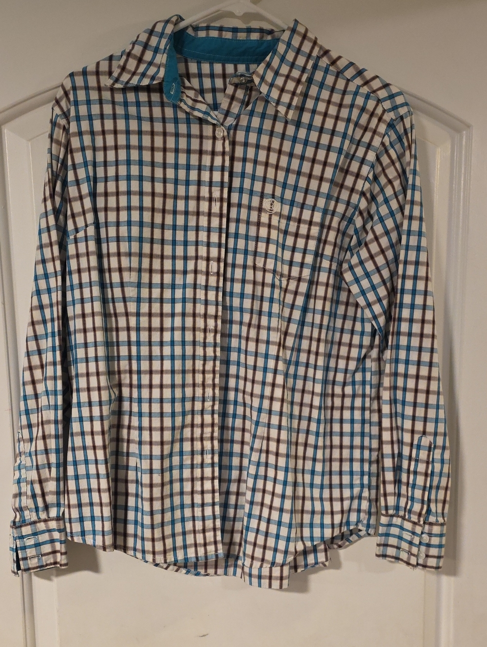 Wrangler Women's Plaid Button-Up Shirt - White, Blue & Brown